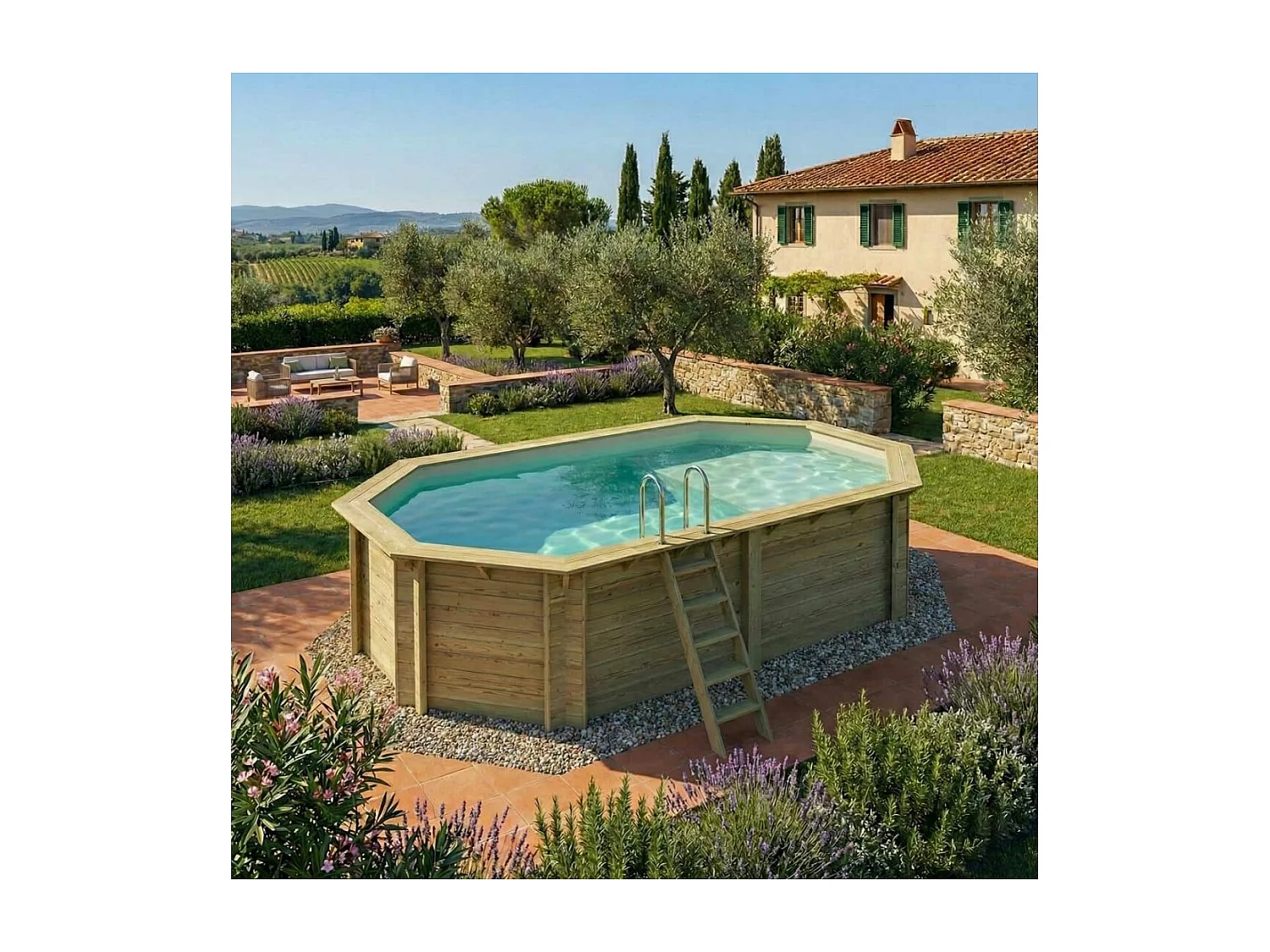 Piscine en bois NEMO 5.79 x 3.49 - H.1.45 m avec plage, sable, cadre en métal - sans dalle - BAS7304OSPU3+PLA304 - ALTANKA