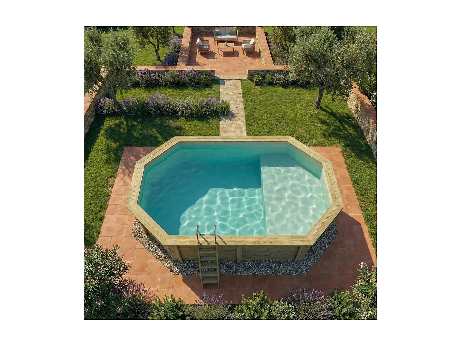 Piscine en bois NEMO 5.79 x 3.49 - H.1.45 m avec plage, sable, cadre en métal - sans dalle - BAS7304OSPU3+PLA304 - ALTANKA