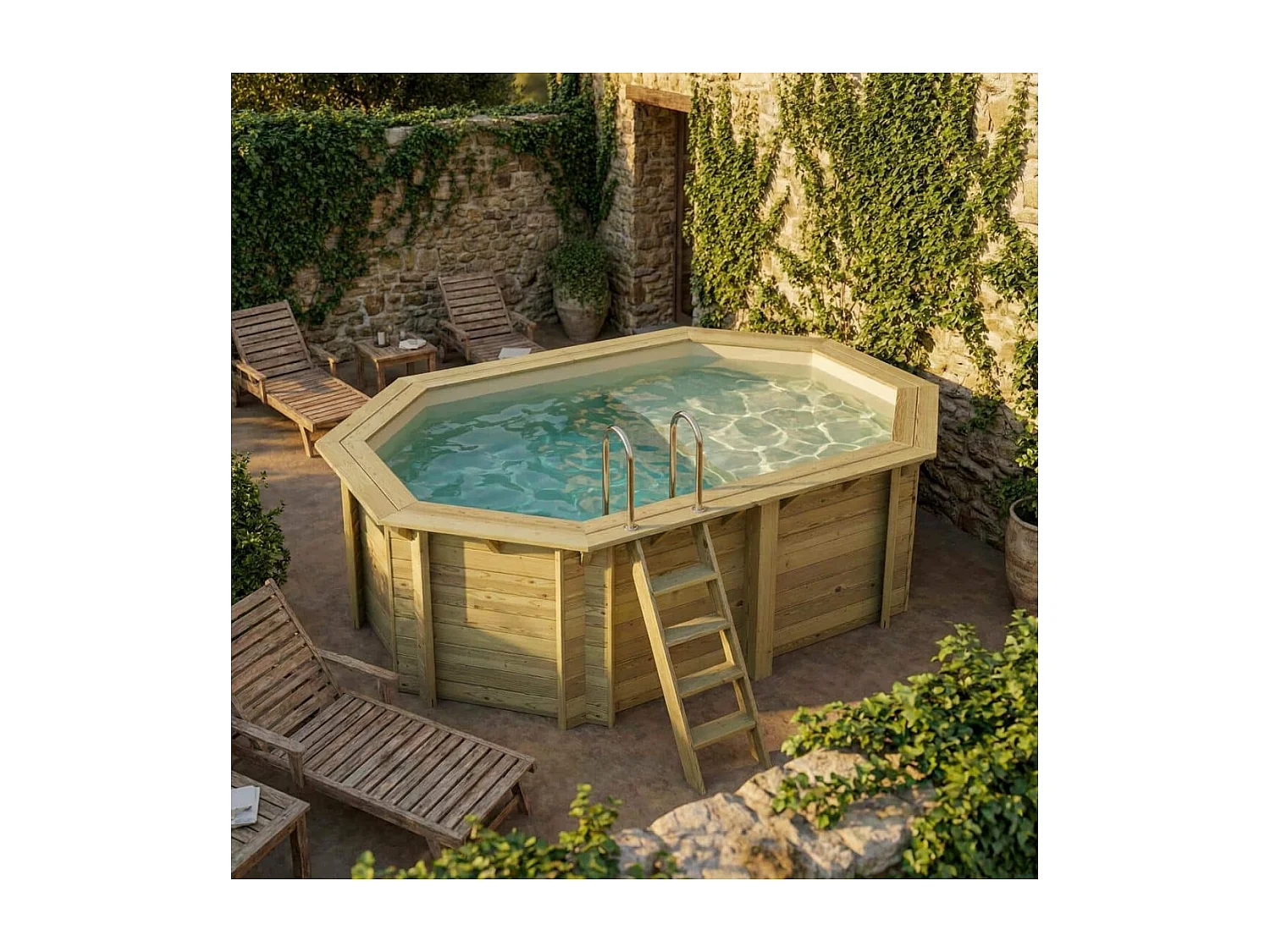 Piscine en bois NEMO 4.3 x 3 - H.1.31 m avec plage, sable, fixations à sceller - BAS7303OSPI3+PLA303 - ALTANKA