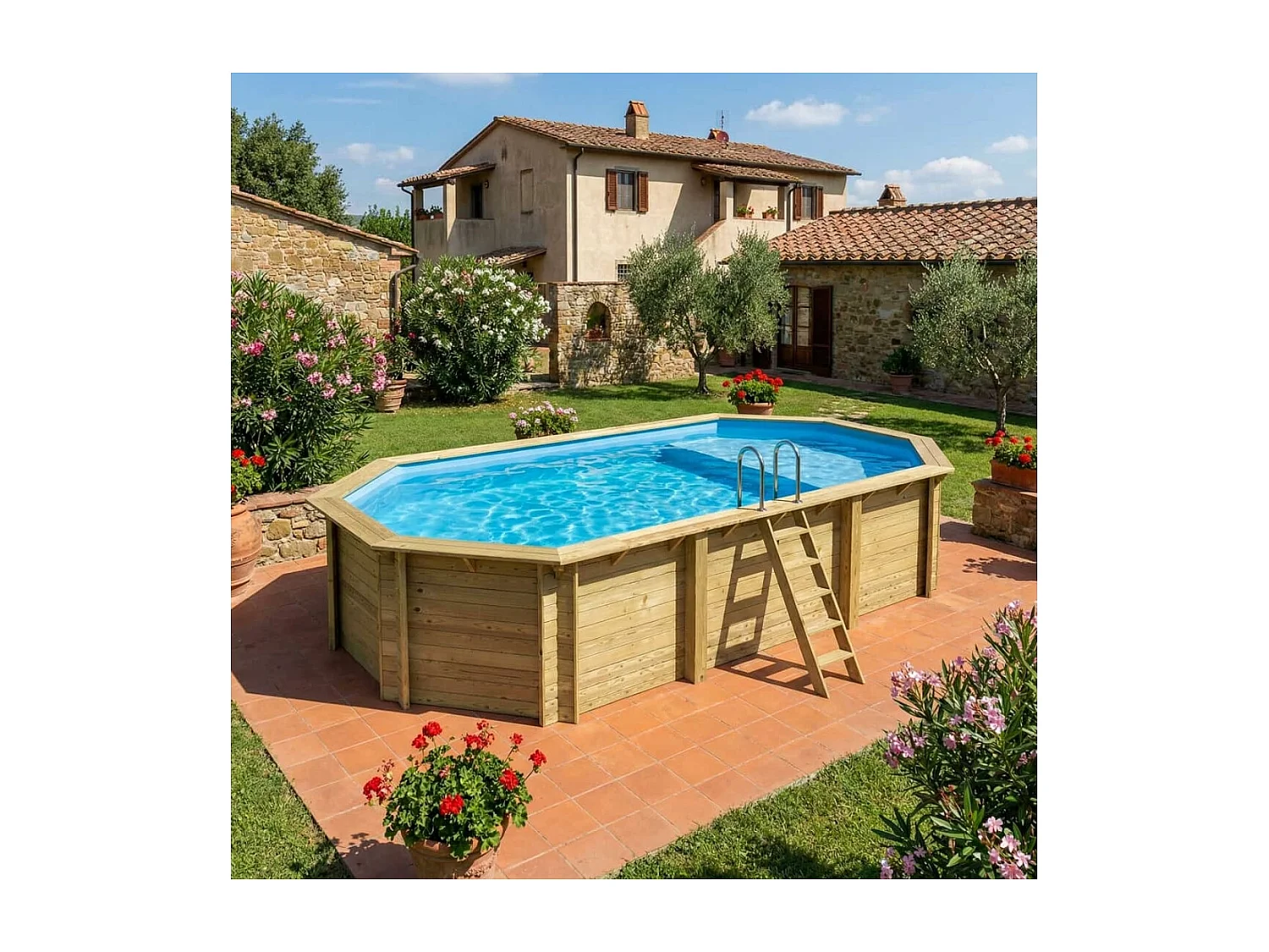 Piscine en bois NEMO 7.3 x 3.97 - H.1.45 m avec plage, bleu pâle, fixations à sceller - BAS7305OSPI+PLA305 - ALTANKA