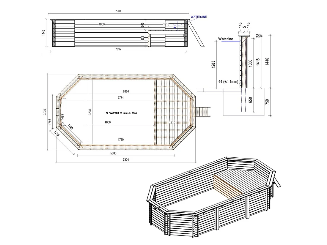 Piscine en bois NEMO 7.3 x 3.97 - H.1.45 m avec plage, bleu pâle, fixations à sceller - BAS7305OSPI+PLA305 - ALTANKA