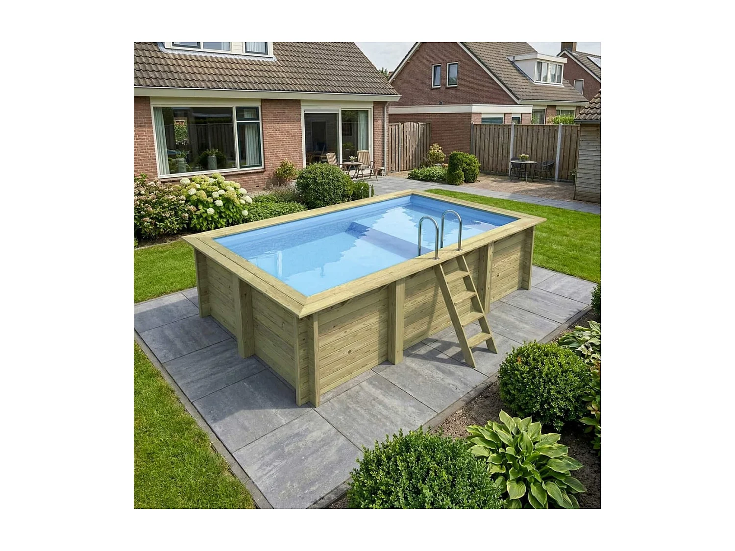 Piscine en bois AQUA 4.65 x 2.85 - H.1.24 m avec plage, bleu pâle, cadre en métal - sans dalle - BAS7306OSPU+PLA306 - ALTANKA