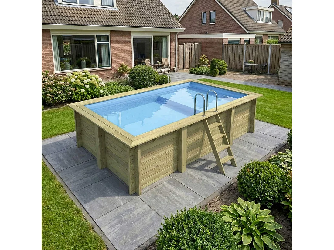 Piscine en bois AQUA 4.65 x 2.85 - H.1.24 m avec plage, bleu pâle, cadre en métal - sans dalle - BAS7306OSPU+PLA306 - ALTANKA