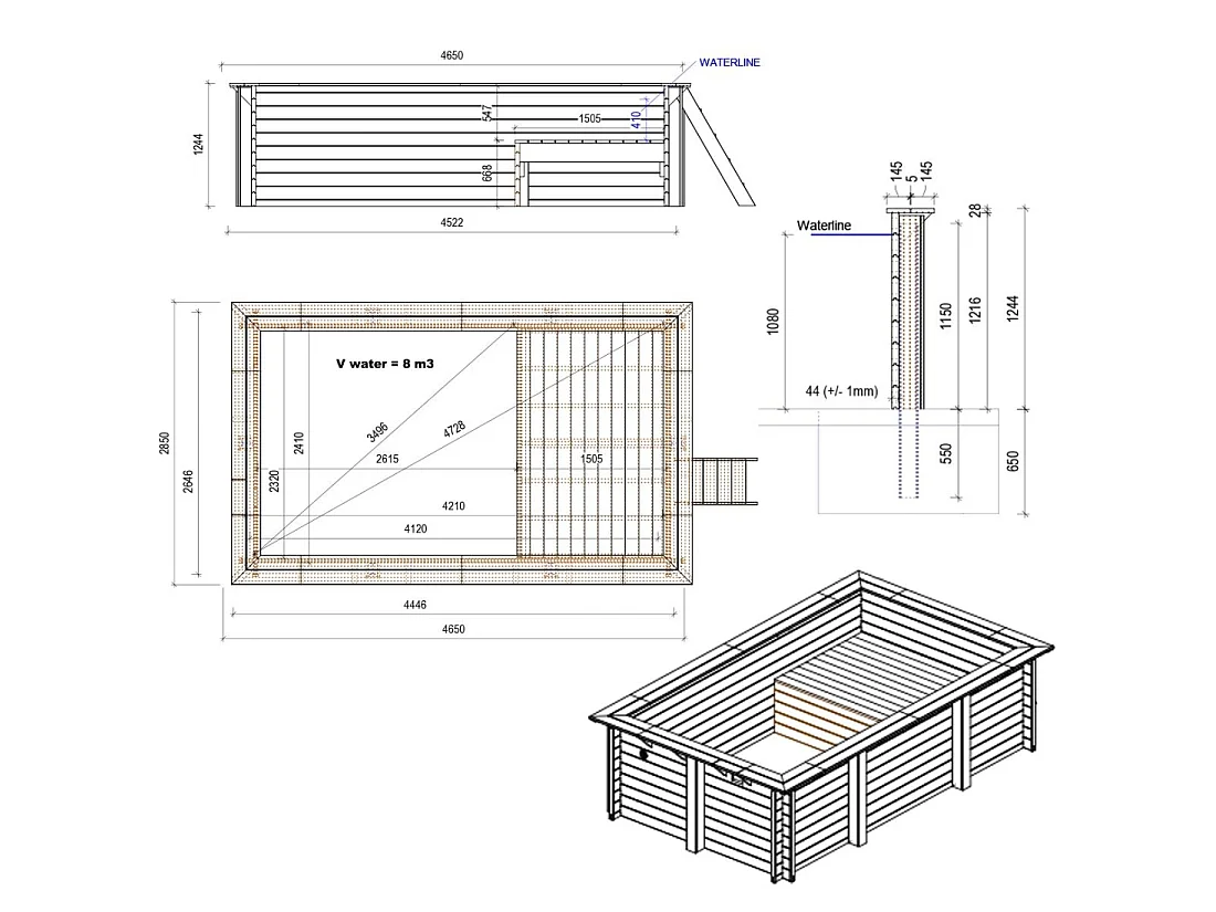 Piscine en bois AQUA 4.65 x 2.85 - H.1.24 m avec plage, bleu pâle, cadre en métal - sans dalle - BAS7306OSPU+PLA306 - ALTANKA