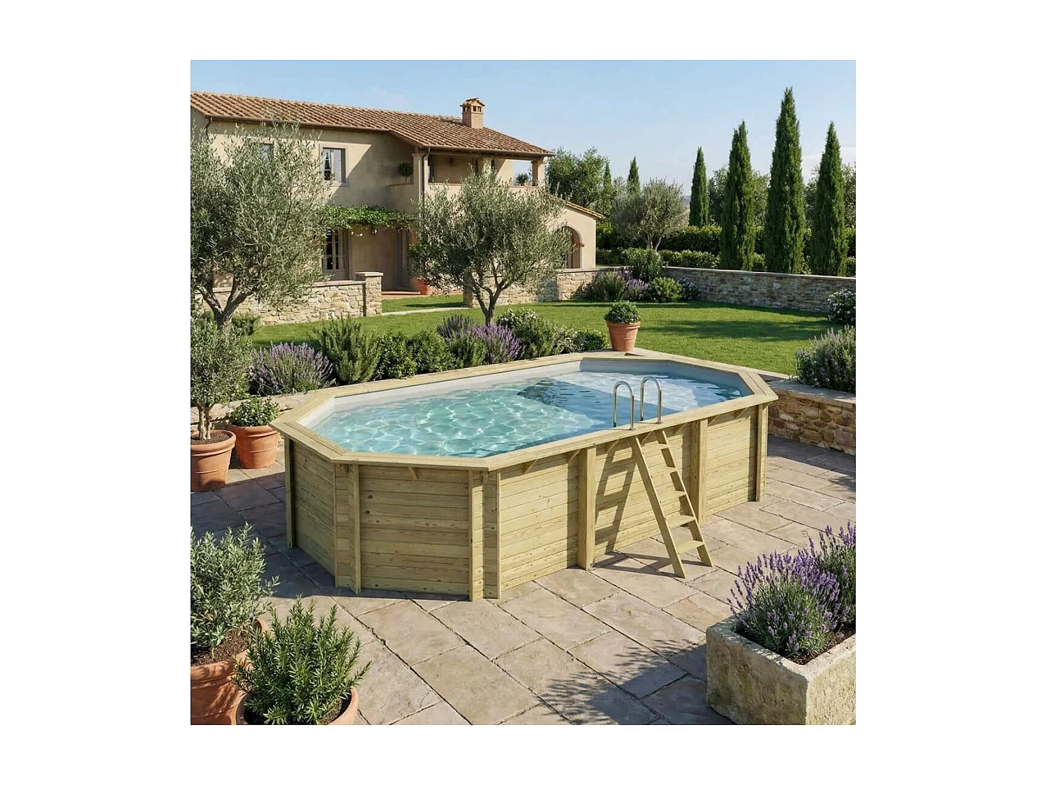 Piscine en bois NEMO 7.3 x 3.97 - H.1.45 m avec plage, gris clair, cadre en métal - sans dalle - BAS7305OSPU2+PLA305 - ALTANKA