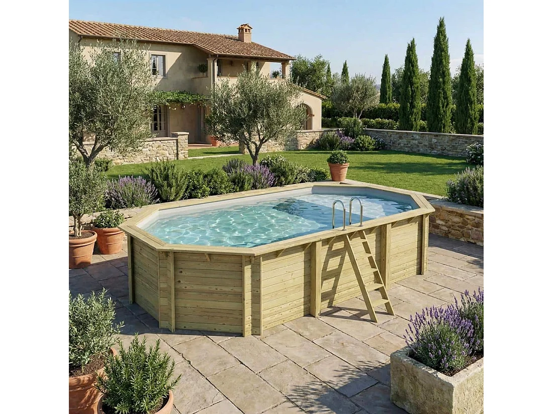 Piscina in legno NEMO 7.3 x 3.97 – H.1.45 m con spiaggia, grigio, Su telaio - senza cementazione - BAS7305OSPU2+PLA305 - ALTANKA