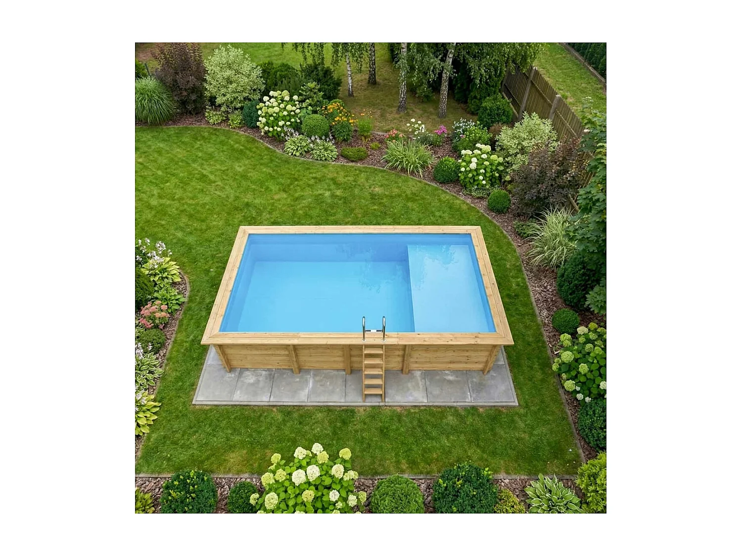 Piscine en bois AQUA 7 x 3.75 - H.1.45 m avec plage, bleu pâle, fixations à visser - BAS7308OSPL+PLA308 - ALTANKA
