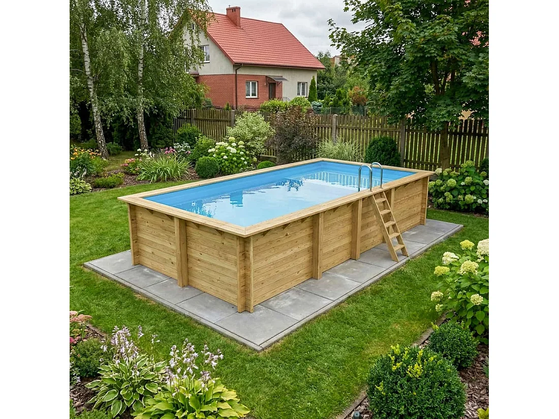 Piscina in legno AQUA 7 x 3.75 – H.1.45 m con spiaggia, azzurro chiaro, con supporti fissati al calcestruzzo - BAS7308OSPL+PLA308 - ALTANKA