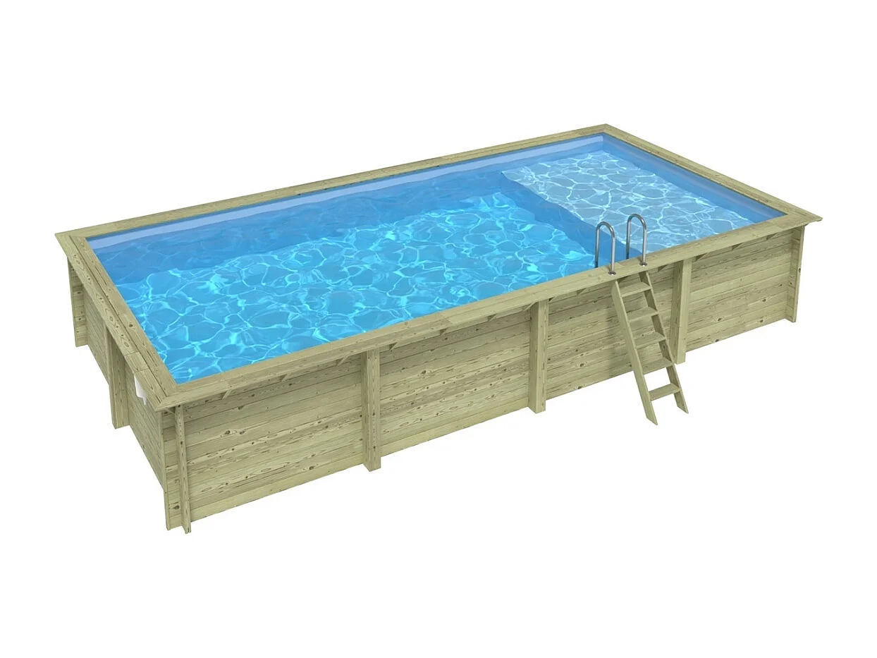 Piscine en bois AQUA 8.5 x 4.35 - H.1.45 m avec plage, bleu pâle, cadre en métal - sans dalle - BAS7309OSPU+PLA309 - ALTANKA