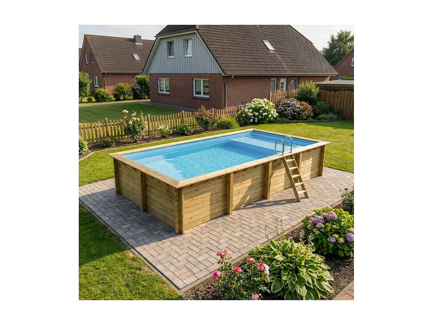 Piscine en bois AQUA 8.5 x 4.35 - H.1.45 m avec plage, bleu pâle, cadre en métal - sans dalle - BAS7309OSPU+PLA309 - ALTANKA