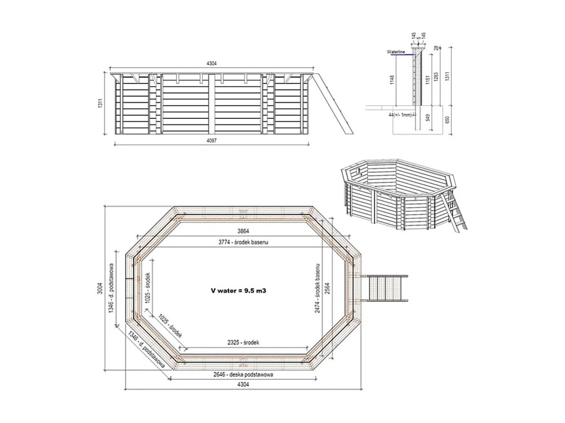 Piscine en bois NEMO 4.3 x 3 - H.1.31 m, sable, fixations à sceller - BAS7303OSPI3 - ALTANKA