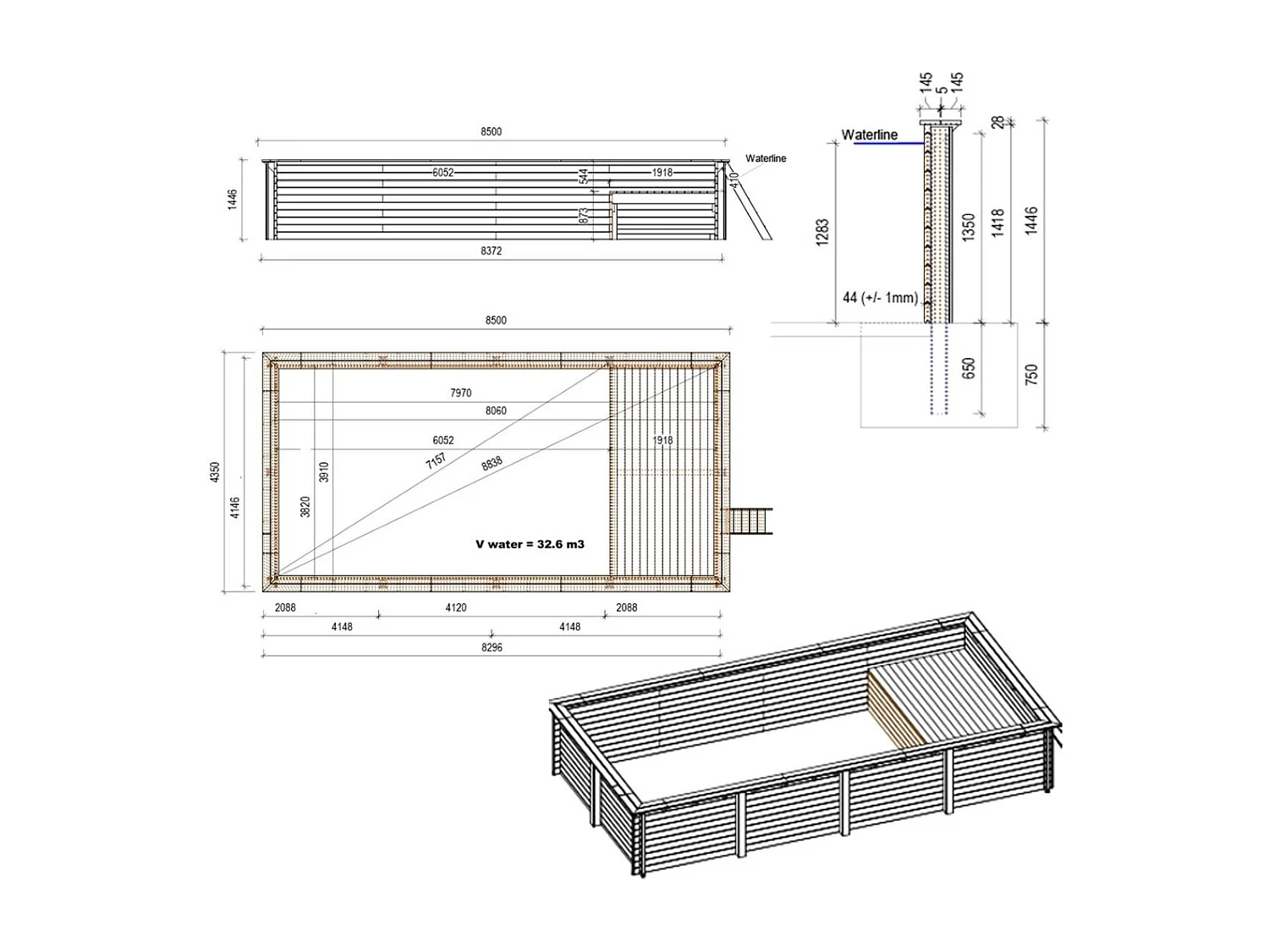 Piscine en bois AQUA 8.5 x 4.35 - H.1.45 m avec plage, gris clair, fixations à visser - BAS7309OSPL2+PLA309 - ALTANKA