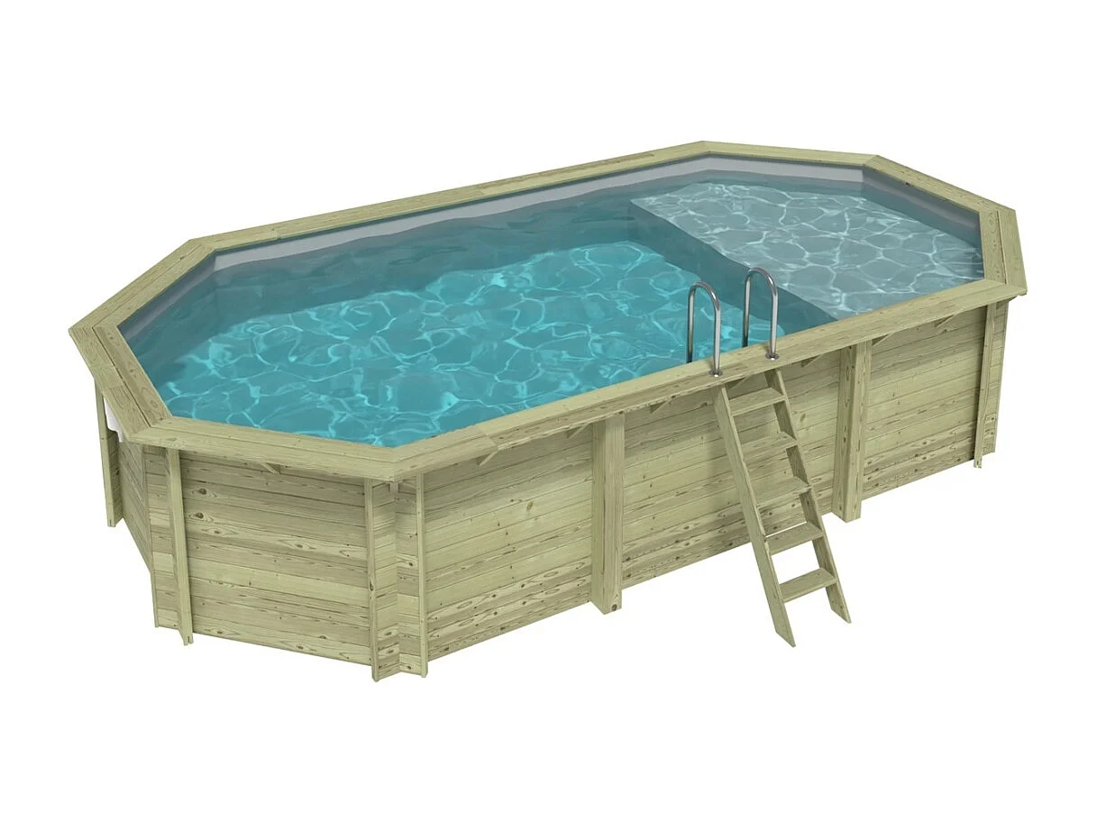 Piscine en bois NEMO 7.3 x 3.97 - H.1.45 m avec plage, gris clair, fixations à sceller - BAS7305OSPI2+PLA305 - ALTANKA