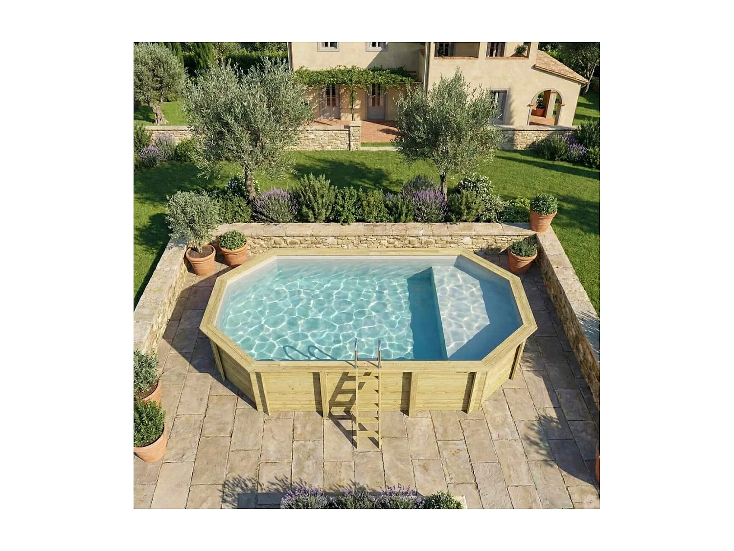 Piscine en bois NEMO 7.3 x 3.97 - H.1.45 m avec plage, gris clair, fixations à sceller - BAS7305OSPI2+PLA305 - ALTANKA