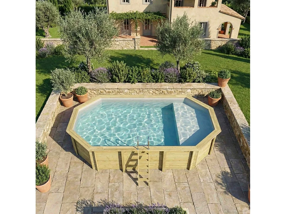 Piscine en bois NEMO 7.3 x 3.97 - H.1.45 m avec plage, gris clair, fixations à sceller - BAS7305OSPI2+PLA305 - ALTANKA