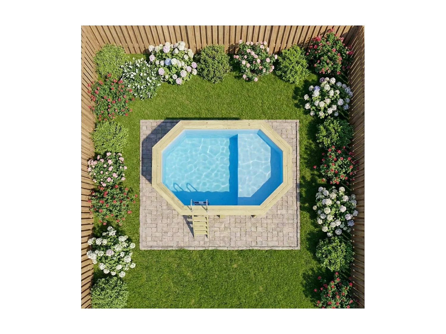 Piscine en bois NEMO 4.3 x 3 - H.1.31 m avec plage, bleu pâle, cadre en métal - sans dalle - BAS7303OSPU+PLA303 - ALTANKA