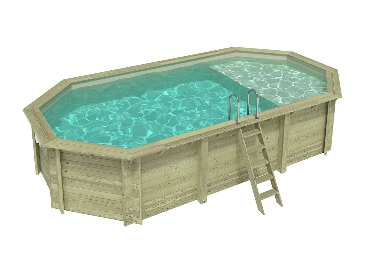 Piscine en bois NEMO 7.3 x 3.97 - H.1.45 m avec plage, sable, fixations à sceller - BAS7305OSPI3+PLA305 - ALTANKA