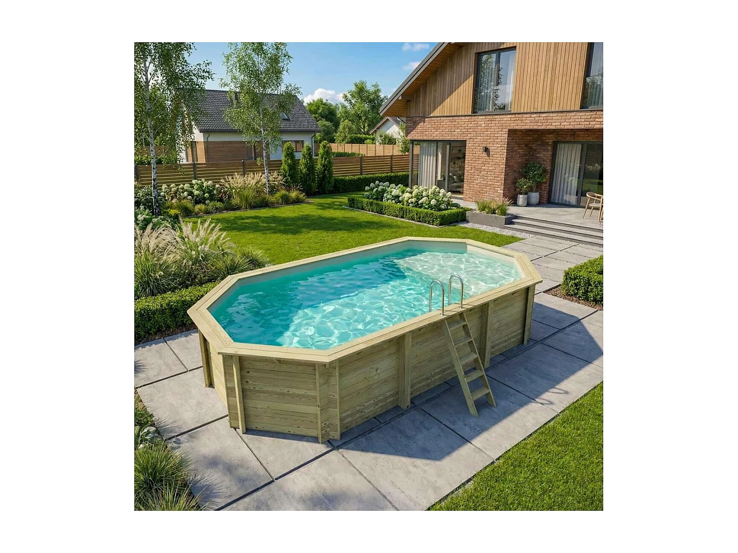 Piscine en bois NEMO 7.3 x 3.97 - H.1.45 m avec plage, sable, fixations à sceller - BAS7305OSPI3+PLA305 - ALTANKA