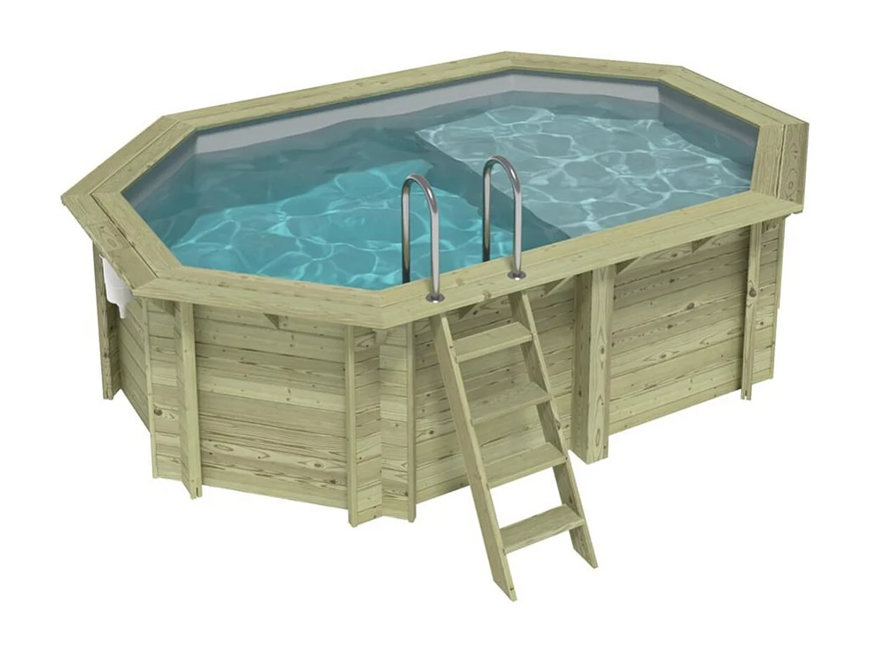 Piscine en bois NEMO 4.3 x 3 - H.1.18 m avec plage, gris clair, fixations à sceller - BAS7302OSPI2+PLA302 - ALTANKA