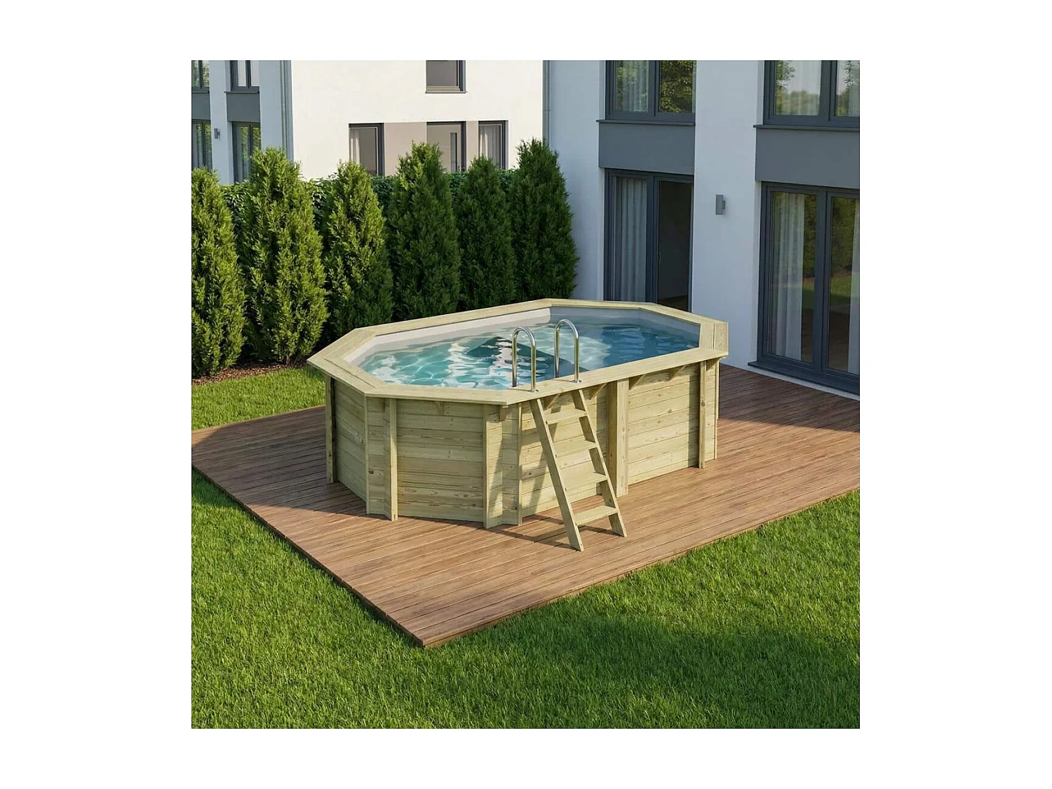 Piscine en bois NEMO 4.3 x 3 - H.1.18 m avec plage, gris clair, fixations à sceller - BAS7302OSPI2+PLA302 - ALTANKA