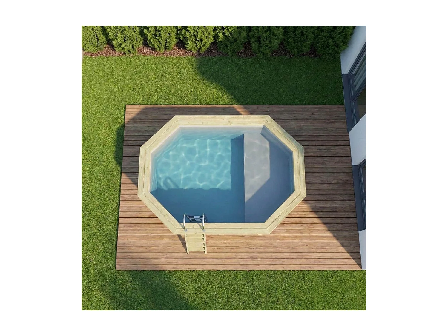 Piscine en bois NEMO 4.3 x 3 - H.1.18 m avec plage, gris clair, fixations à sceller - BAS7302OSPI2+PLA302 - ALTANKA