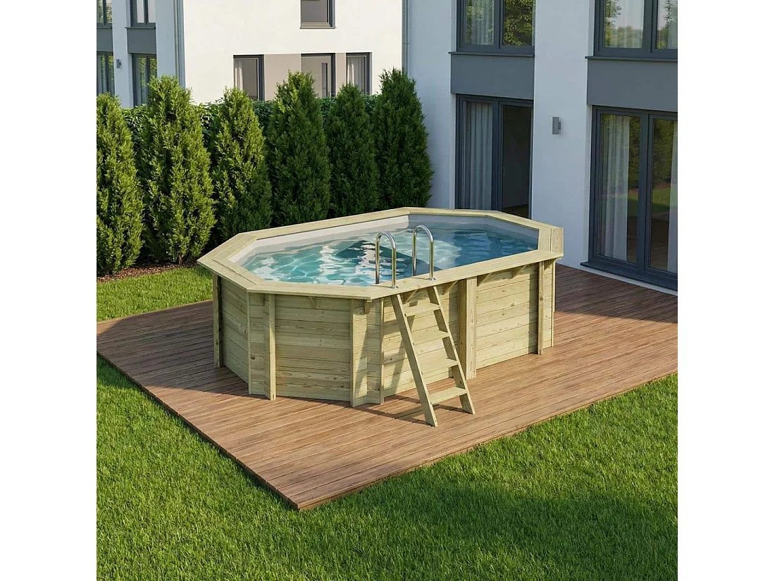 Piscine en bois NEMO 4.3 x 3 - H.1.18 m avec plage, gris clair, fixations à sceller - BAS7302OSPI2+PLA302 - ALTANKA
