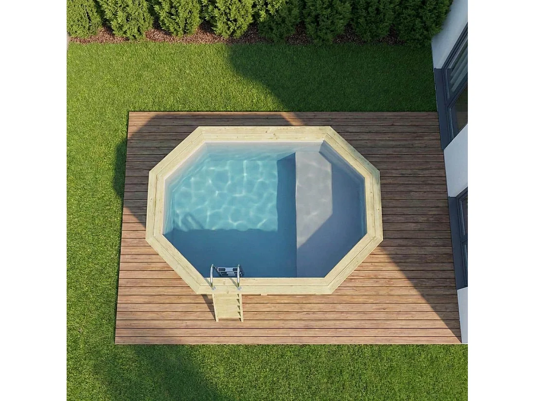 Piscine en bois NEMO 4.3 x 3 - H.1.18 m avec plage, gris clair, fixations à sceller - BAS7302OSPI2+PLA302 - ALTANKA
