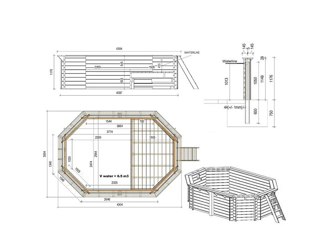 Piscine en bois NEMO 4.3 x 3 - H.1.18 m avec plage, gris clair, fixations à sceller - BAS7302OSPI2+PLA302 - ALTANKA