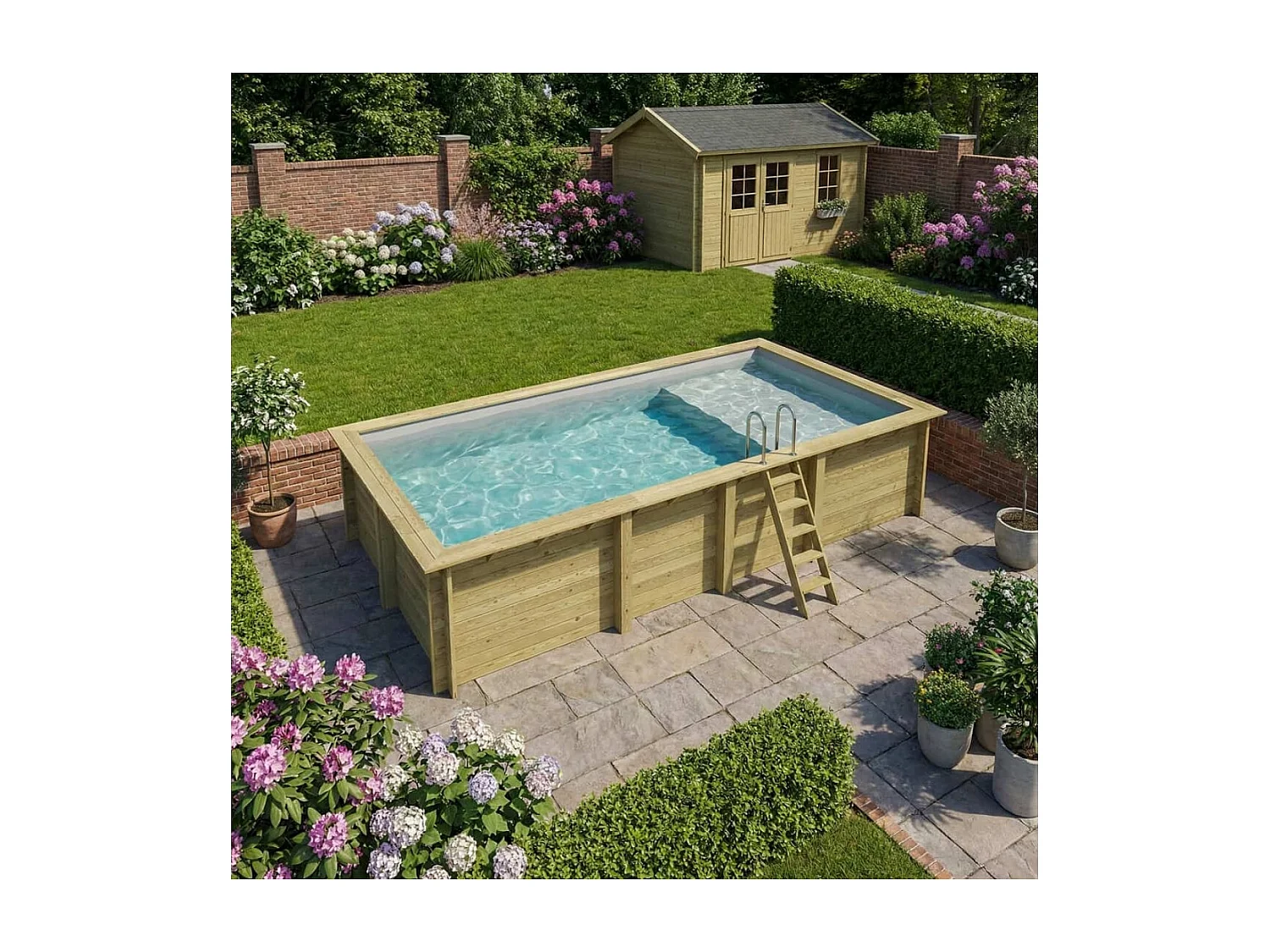 Piscine en bois AQUA 7 x 3.75 - H.1.45 m avec plage, gris clair, cadre en métal - sans dalle - BAS7308OSPU2+PLA308 - ALTANKA