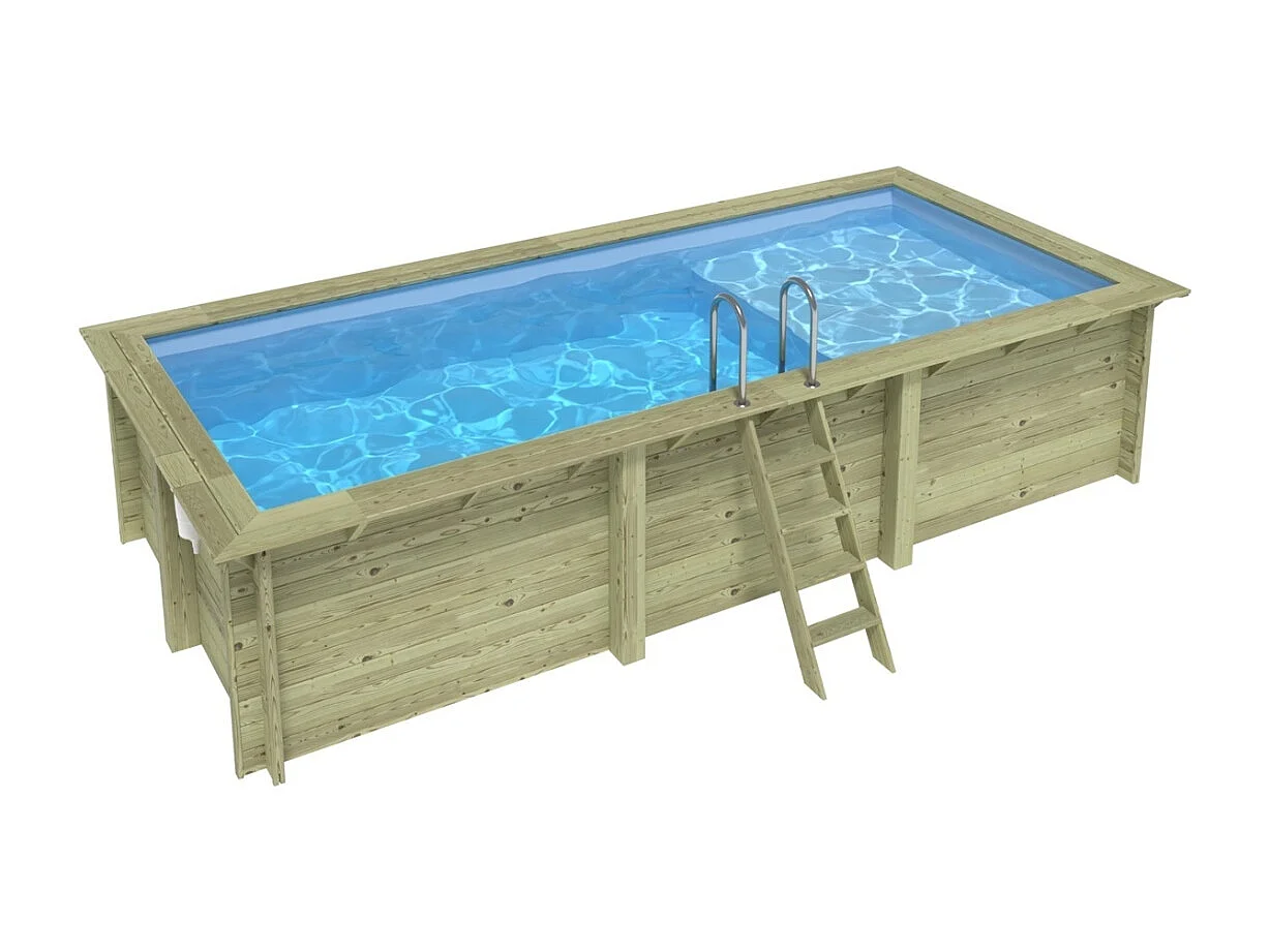 Piscine en bois AQUA 6.1 x 2.85 - H.1.31 m avec plage, bleu pâle, fixations à sceller - BAS7307OSPI+PLA307 - ALTANKA