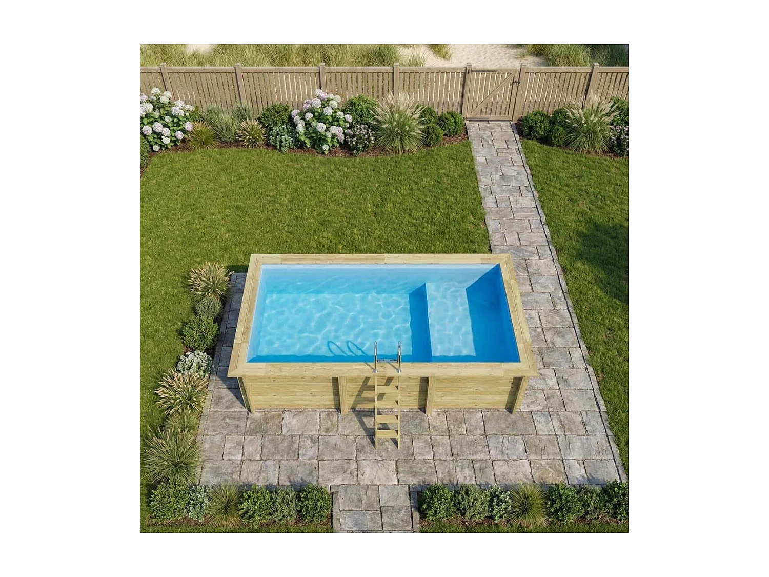 Piscine en bois AQUA 6.1 x 2.85 - H.1.31 m avec plage, bleu pâle, fixations à sceller - BAS7307OSPI+PLA307 - ALTANKA