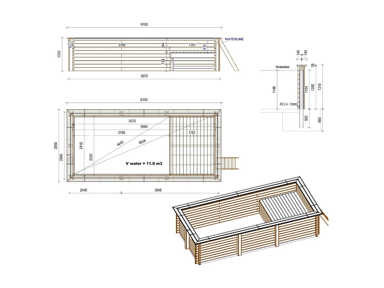Piscine en bois AQUA 6.1 x 2.85 - H.1.31 m avec plage, bleu pâle, fixations à sceller - BAS7307OSPI+PLA307 - ALTANKA