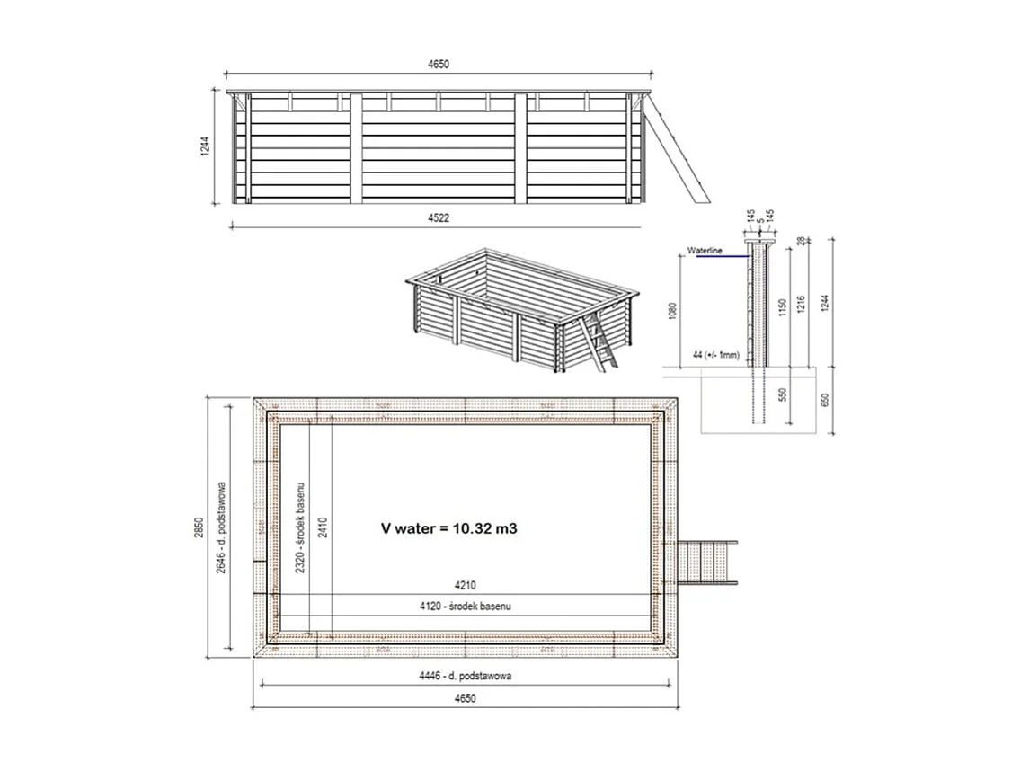Piscina in legno AQUA 4.65 x 2.85 - H.1.24 m, grigio, con supporti da cementare - BAS7306OSPI2 - ALTANKA