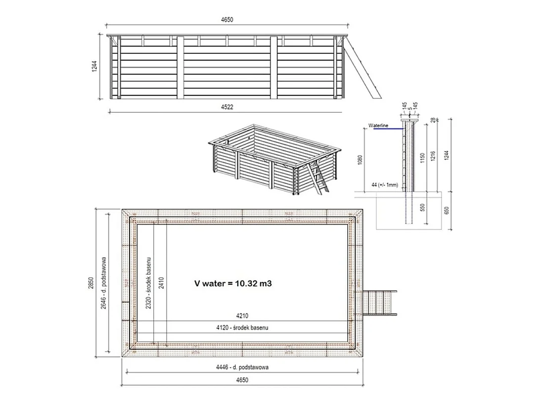Piscine en bois AQUA 4.65 x 2.85 - H.1.24 m, gris clair, fixations à sceller - BAS7306OSPI2 - ALTANKA