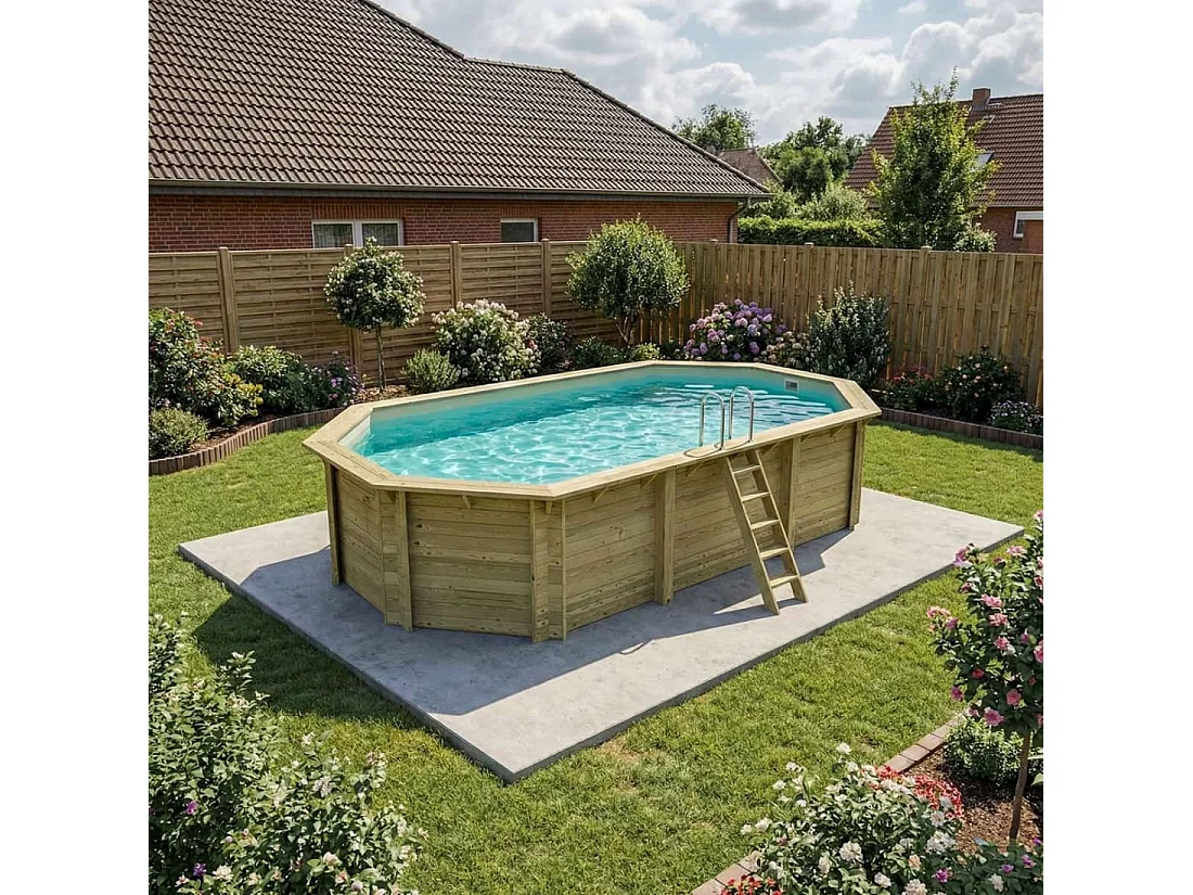 Piscine en bois NEMO 7.3 x 3.97 - H.1.45 m, sable, cadre en métal - sans dalle - BAS7305OSPU3 - ALTANKA