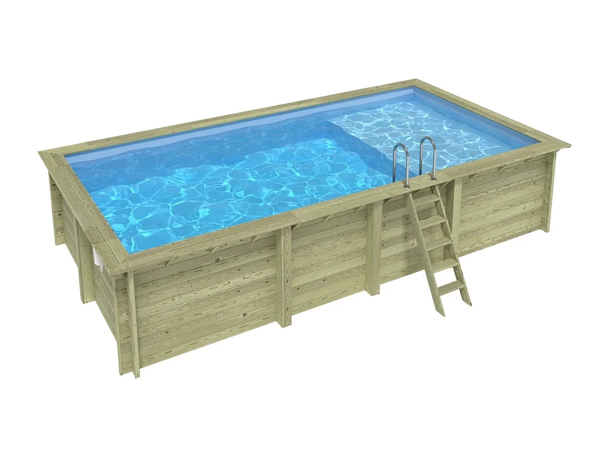 Piscine en bois AQUA 7 x 3.75 - H.1.45 m avec plage, bleu pâle, fixations à sceller - BAS7308OSPI+PLA308 - ALTANKA