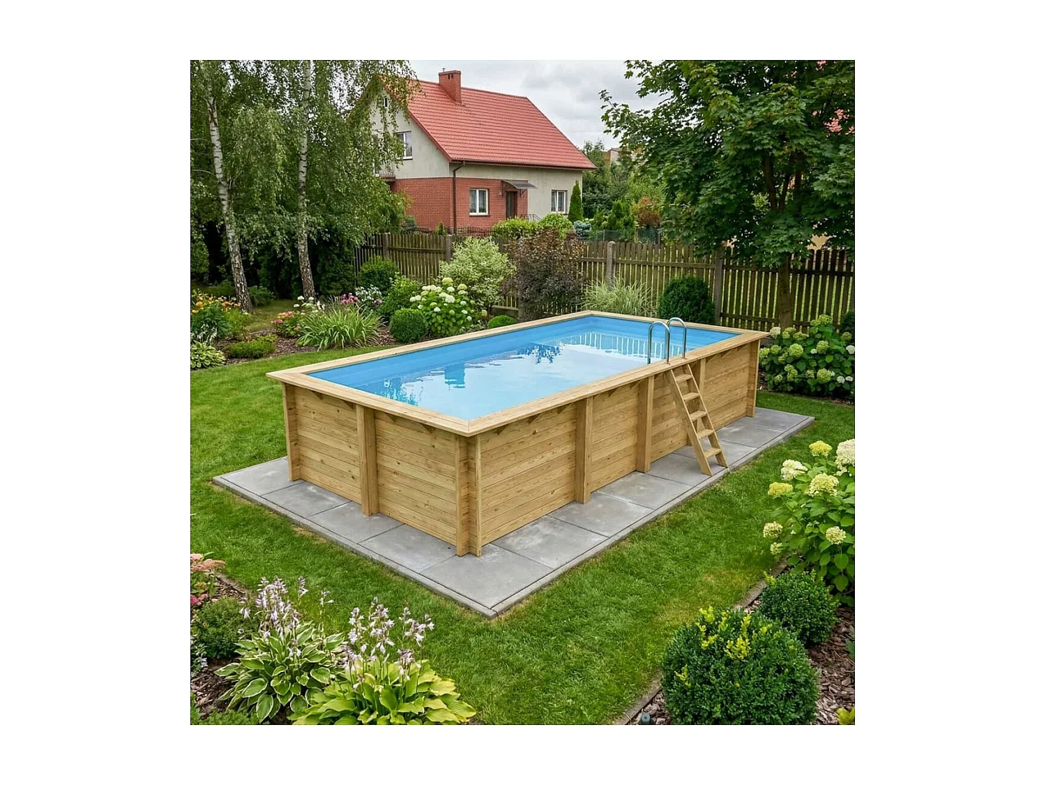 Piscine en bois AQUA 7 x 3.75 - H.1.45 m avec plage, bleu pâle, fixations à sceller - BAS7308OSPI+PLA308 - ALTANKA