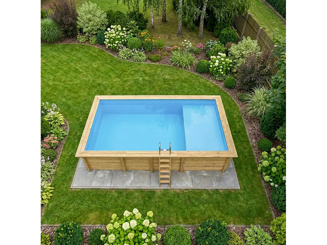 Piscine en bois AQUA 7 x 3.75 - H.1.45 m avec plage, bleu pâle, fixations à sceller - BAS7308OSPI+PLA308 - ALTANKA