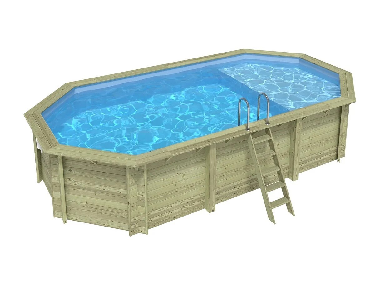 Piscine en bois NEMO 7.3 x 3.97 - H.1.45 m avec plage, bleu pâle, fixations à visser - BAS7305OSPL+PLA305 - ALTANKA