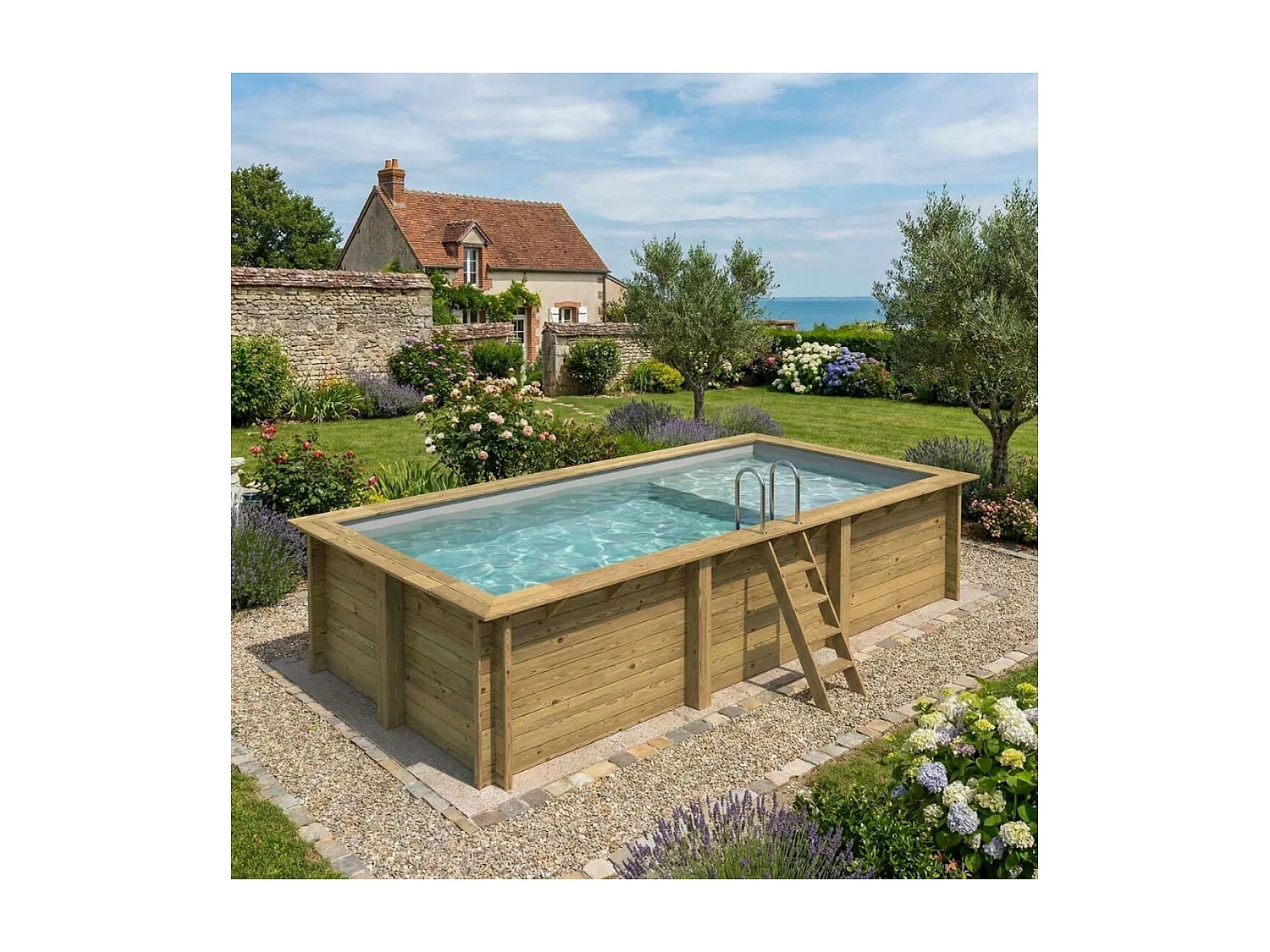 Piscine en bois AQUA 6.1 x 2.85 - H.1.31 m avec plage, gris clair, fixations à visser - BAS7307OSPL2+PLA307 - ALTANKA