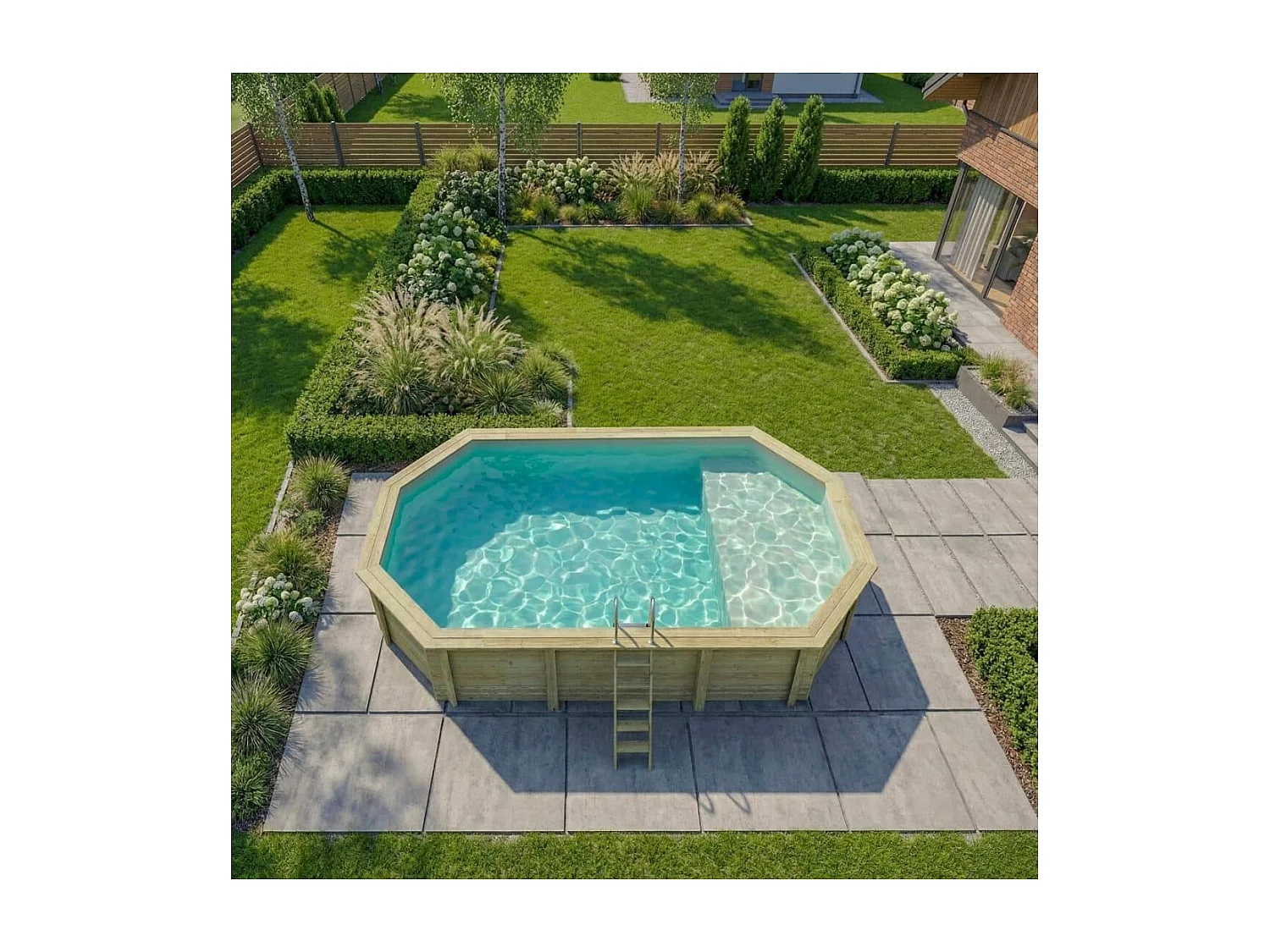 Piscine en bois NEMO 7.3 x 3.97 - H.1.45 m avec plage, sable, cadre en métal - sans dalle - BAS7305OSPU3+PLA305 - ALTANKA