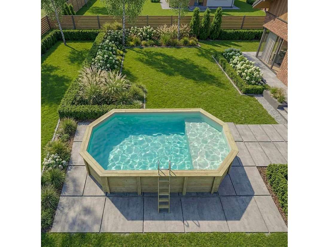 Piscine en bois NEMO 7.3 x 3.97 - H.1.45 m avec plage, sable, cadre en métal - sans dalle - BAS7305OSPU3+PLA305 - ALTANKA