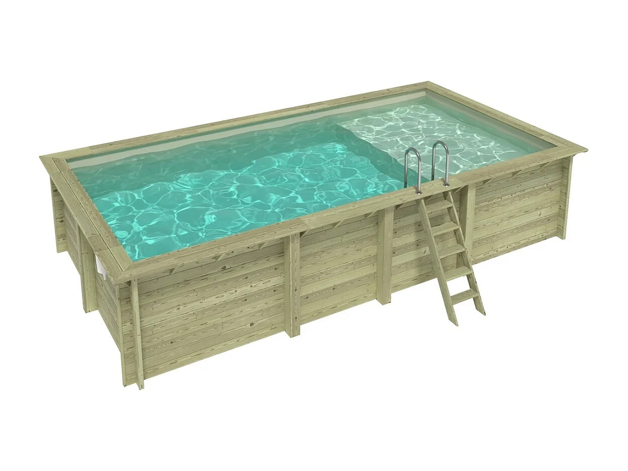 Piscine en bois AQUA 7 x 3.75 - H.1.45 m avec plage, sable, cadre en métal - sans dalle - BAS7308OSPU3+PLA308 - ALTANKA