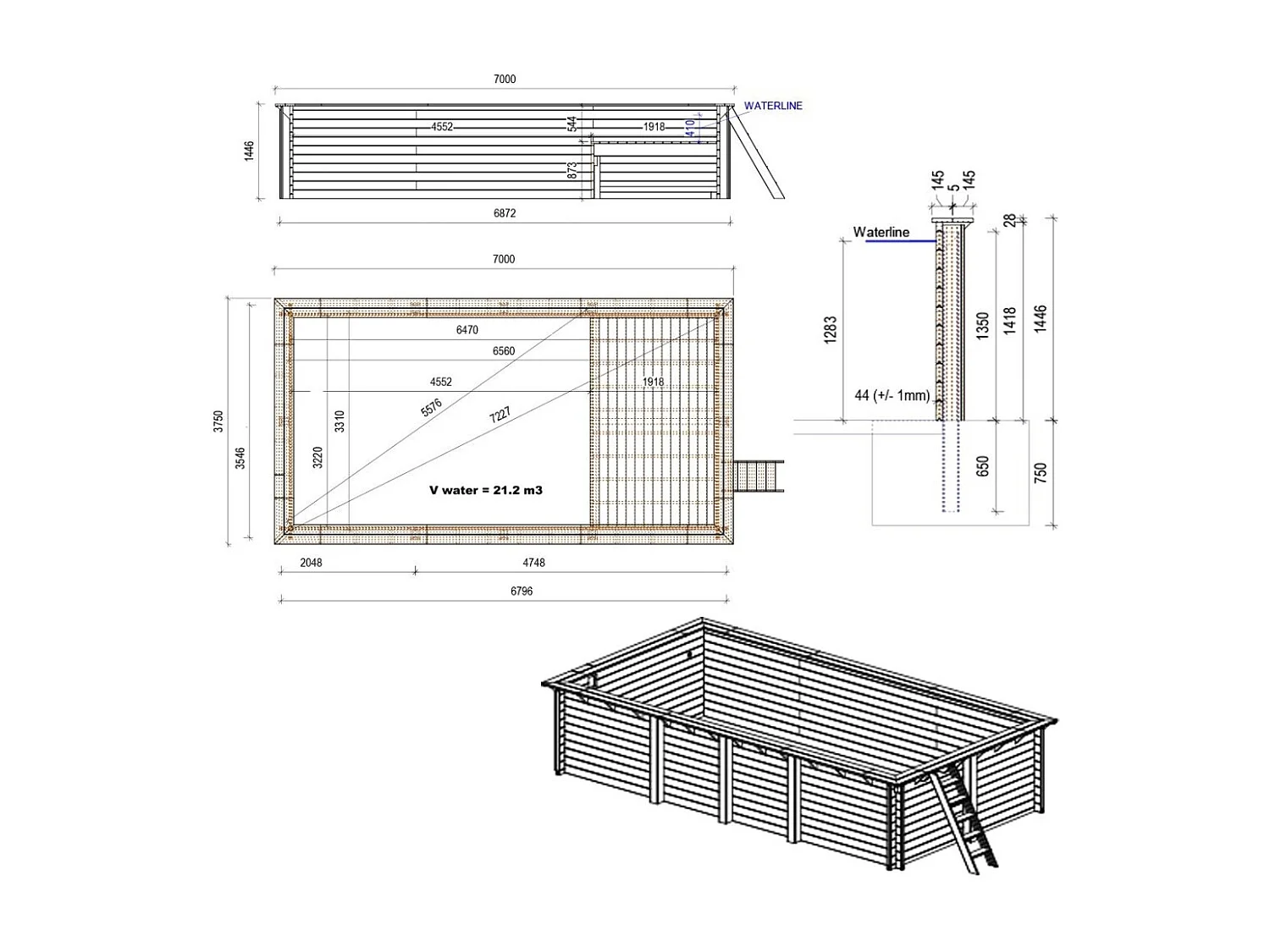Piscine en bois AQUA 7 x 3.75 - H.1.45 m avec plage, sable, cadre en métal - sans dalle - BAS7308OSPU3+PLA308 - ALTANKA
