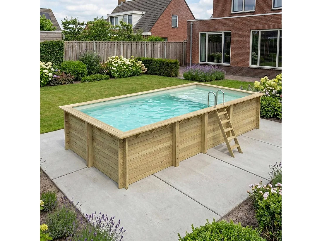 Piscina in legno AQUA 7 x 3.75 – H.1.45 m con spiaggia, sabbia, Su telaio - senza cementazione - BAS7308OSPU3+PLA308 - ALTANKA