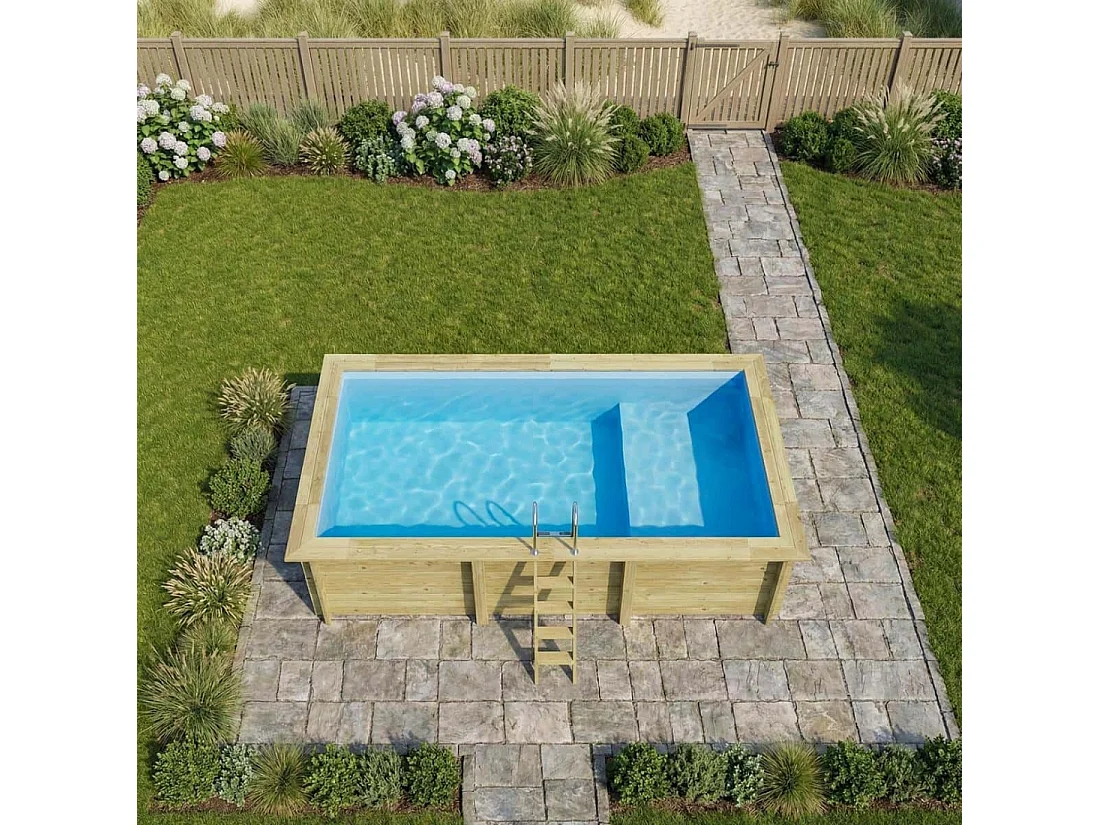 Piscine en bois AQUA 6.1 x 2.85 - H.1.31 m avec plage, bleu pâle, cadre en métal - sans dalle - BAS7307OSPU+PLA307 - ALTANKA