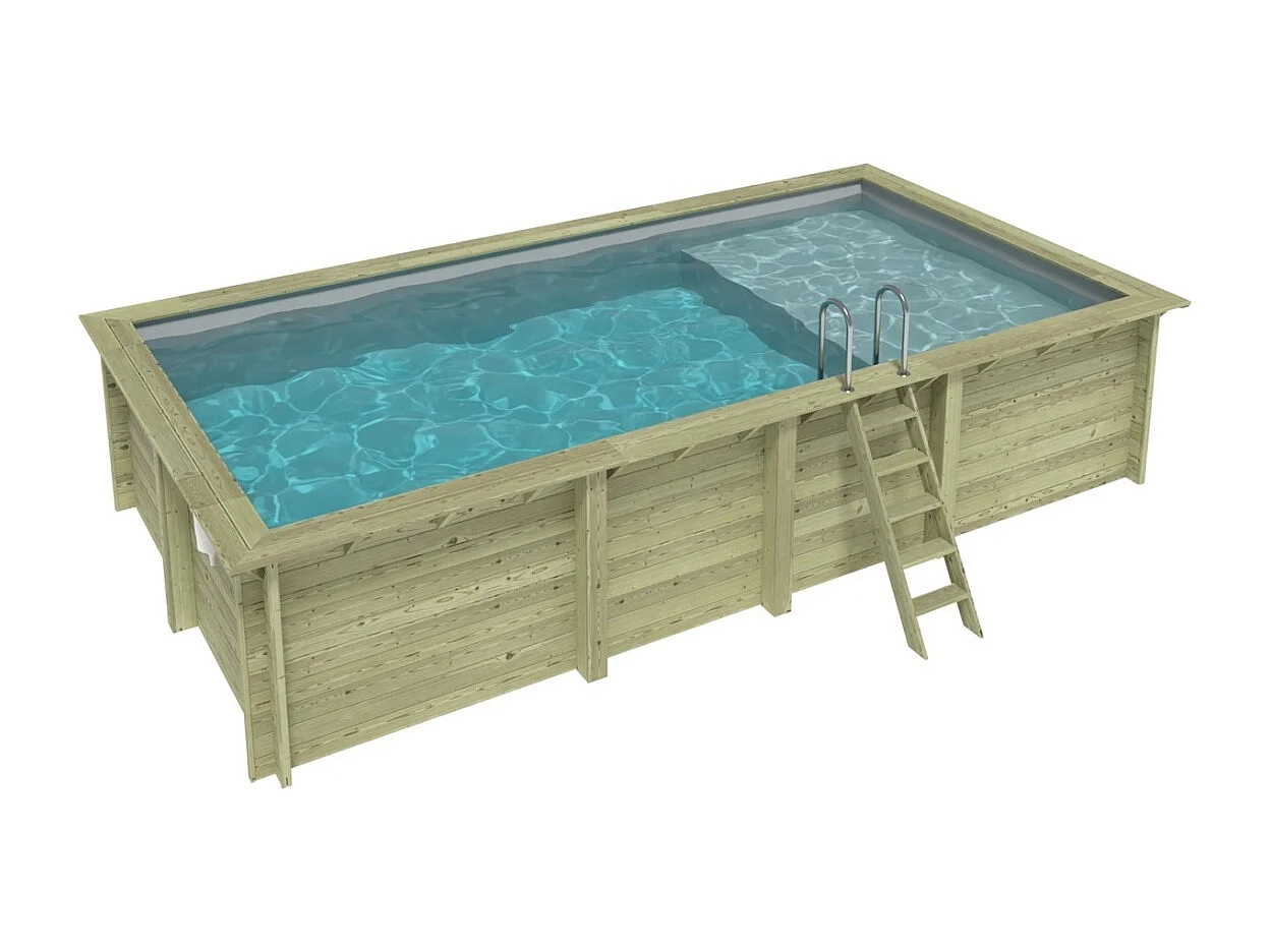 Piscine en bois AQUA 7 x 3.75 - H.1.45 m avec plage, gris clair, fixations à sceller - BAS7308OSPI2+PLA308 - ALTANKA
