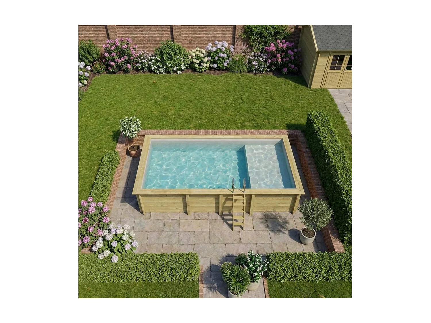 Piscine en bois AQUA 7 x 3.75 - H.1.45 m avec plage, gris clair, fixations à sceller - BAS7308OSPI2+PLA308 - ALTANKA