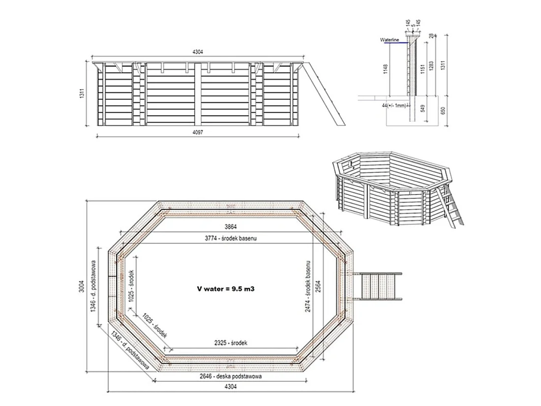Piscine en bois NEMO 4.3 x 3 - H.1.31 m, sable, cadre en métal - sans dalle - BAS7303OSPU3 - ALTANKA