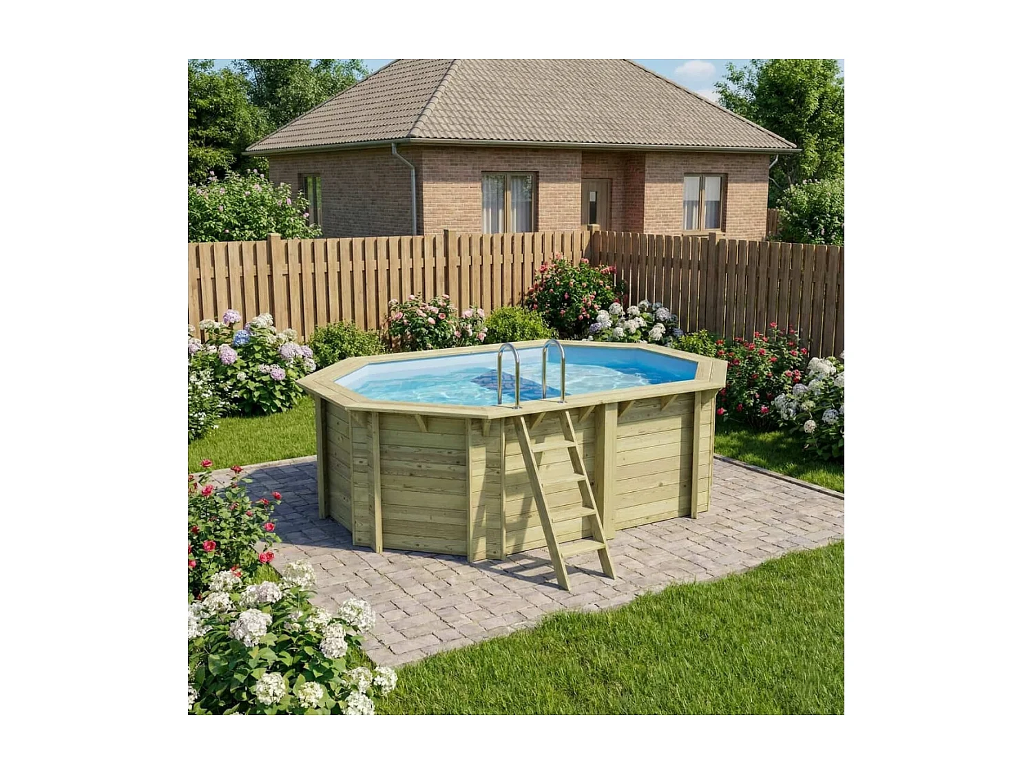 Piscine en bois NEMO 4.3 x 3 - H.1.31 m avec plage, bleu pâle, fixations à sceller - BAS7303OSPI+PLA303 - ALTANKA
